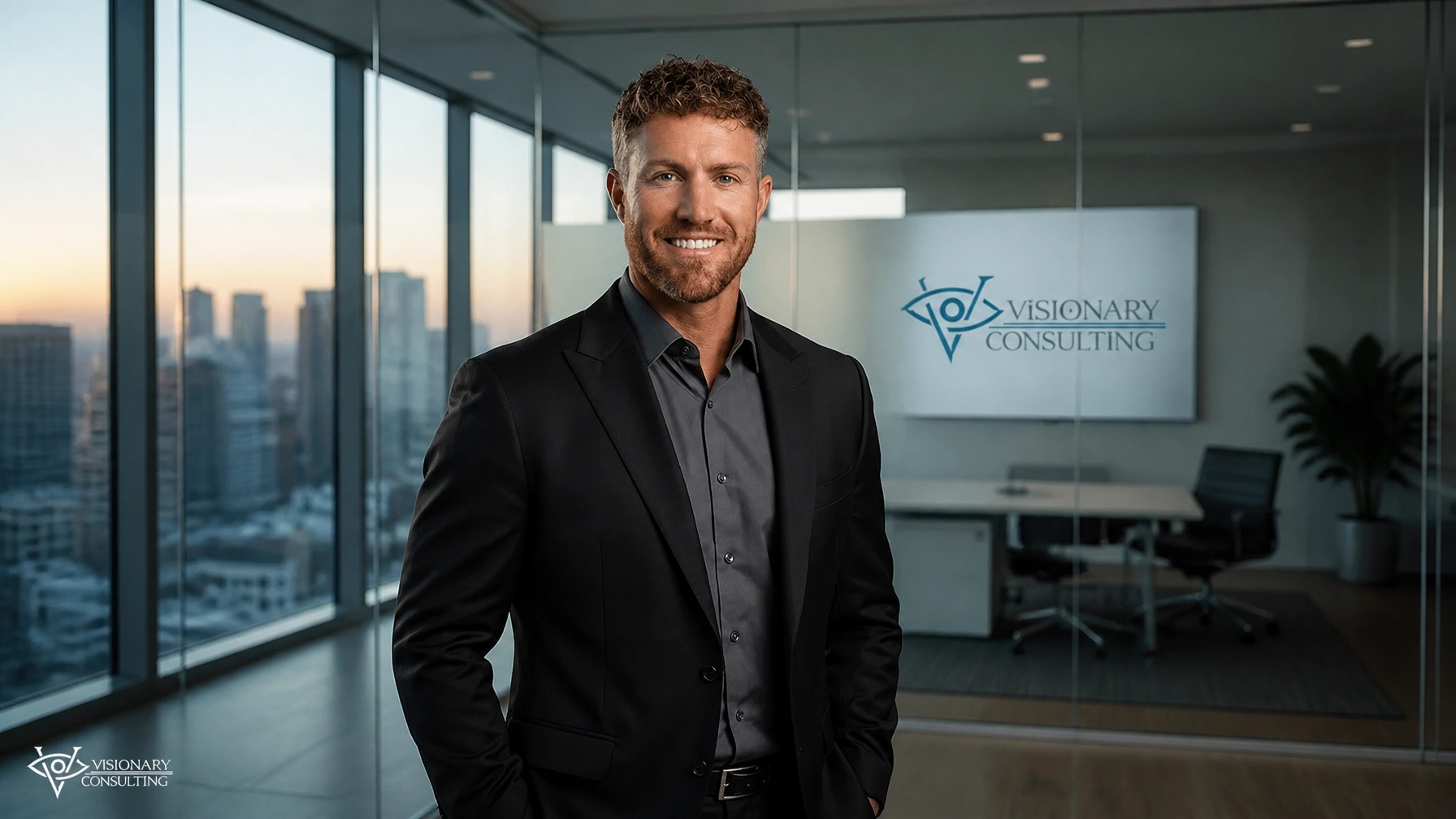 Christopher McCormick in a modern office with the Visionary Consulting logo behind him