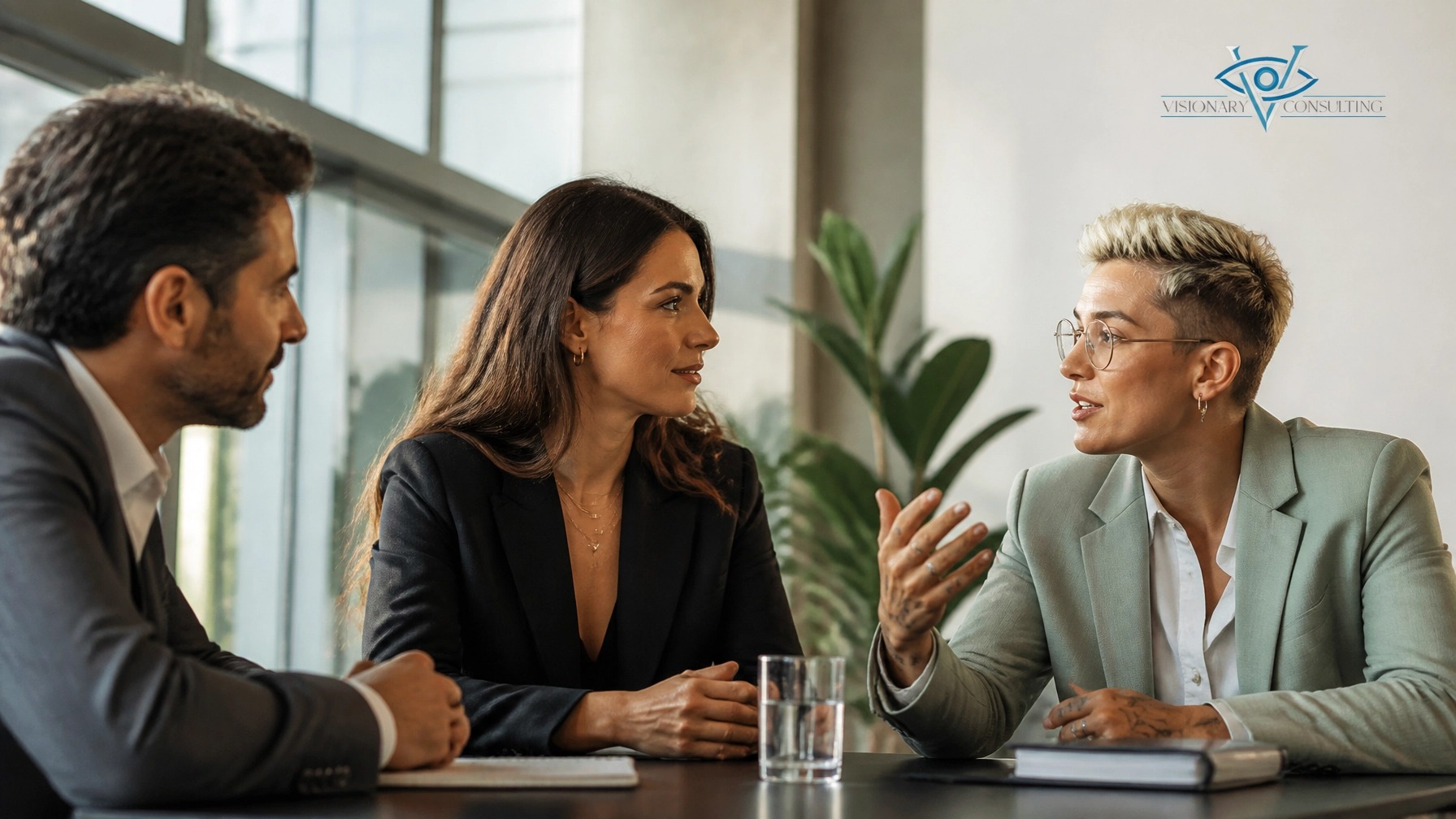 Three professionals in a working conversation at a table