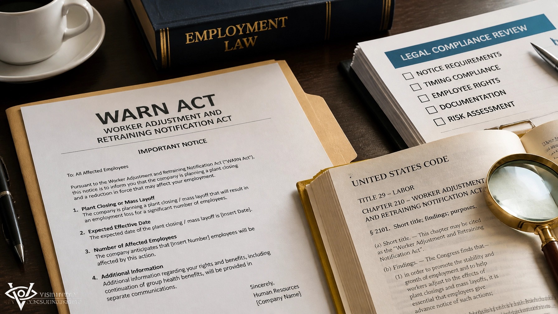 A desk with a WARN Act notice and the United States Code open to Title 29 — Labor