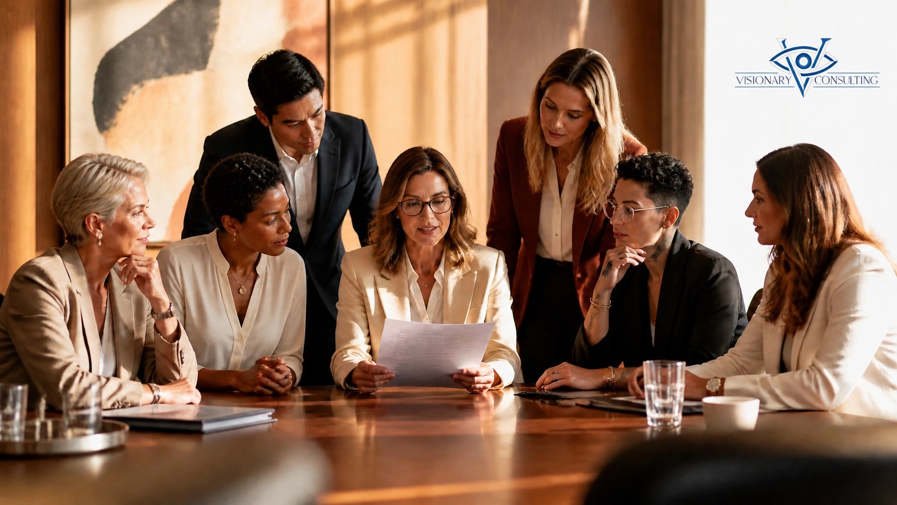 Leaders gathered around a conference table in a working session